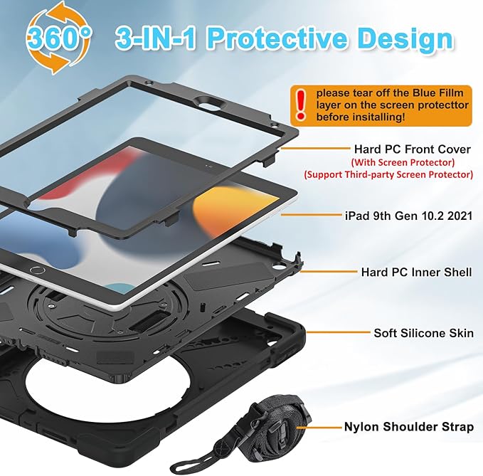 BRAECNstock Case for Apple iPad 9th/ 8th/ 7th Generation 10.2 2021/2020/2019 Shockproof Protective iPad 10.2 inch Case Kids with Screen Protector Pencil Holder Rotating Hand Strap &amp Stand Bla