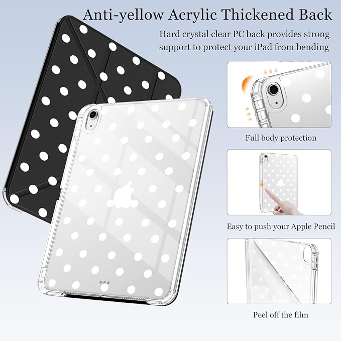 Cute Kawaii Polka Dot for iPad Pro 11 Inch Case (M5/M4) 2025/2024 with Pencil Holder Auto Sleep/Wake Black Leather Acrylic Back Detachable Cover