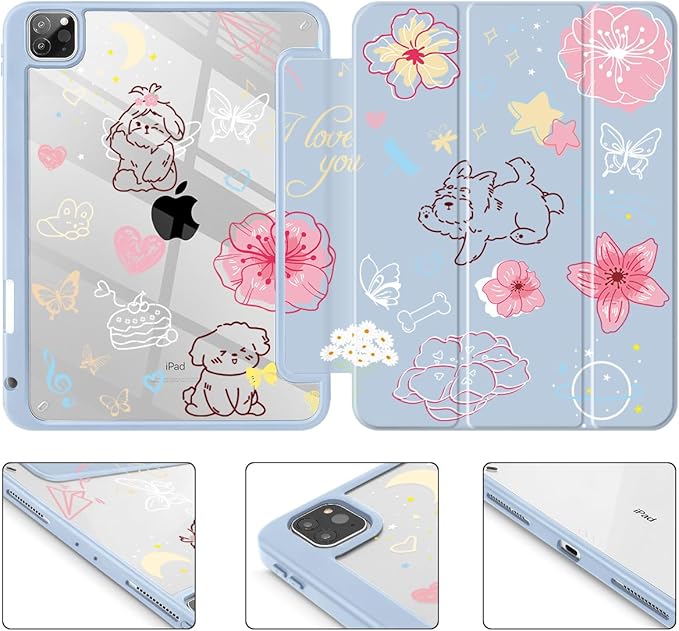 May Chen for iPad Pro 11 inch M2 4th Generation 2022 iPad Pro 11 3rd/2nd/1st Gen Case with Transparent Shockproof Back Cover [Built-in Pencil Holder Auto Sleep/Wake Blue Flower Dog