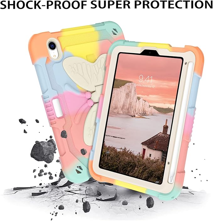 DUEDUE Case for iPad mini 7 (A17 Pro) 2024iPad mini 6 Case 2021 Butterfly Wings Kickstand with Pencil Holder Shockproof Protective Tablet Case for iPad mini 7th/6th Gen Kids Rainbow Pink