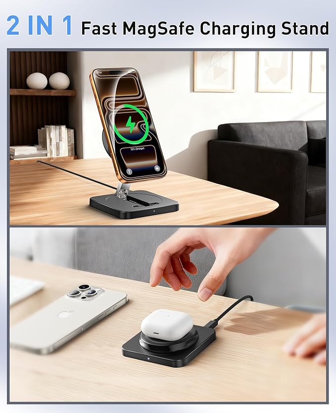 Magnetic Wireless Charger [2 Pack] 15W Foldable Fast Charging Stand for iPhone 17/16/15/14/13/12 Series/AirPods 3/2/Pro 2/3 Samsung Wireless Charger Station for Galaxy S25 Ultra/S24/S23/S22/S21/S20