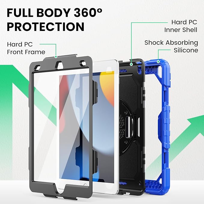 SEYMAC for iPad 9th/8th/7th Generation Case 10.2 2021-2019 Full-Body Shockproof Protective Case with Screen Protector Rotating Stand/Handle/Shoulder Strap for iPad 10.2 Blue/Black