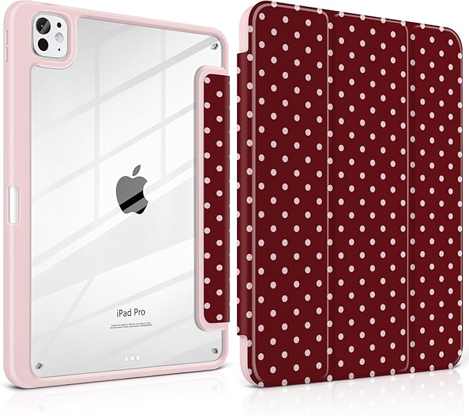 TWOLSKOO Case for iPad Pro 11-inch (M5 2025 / M4 2024) Clear Acrylic Back with TPU Bumper Pencil Holder Trifold Stand Auto Sleep/Wake Red Polka Dot