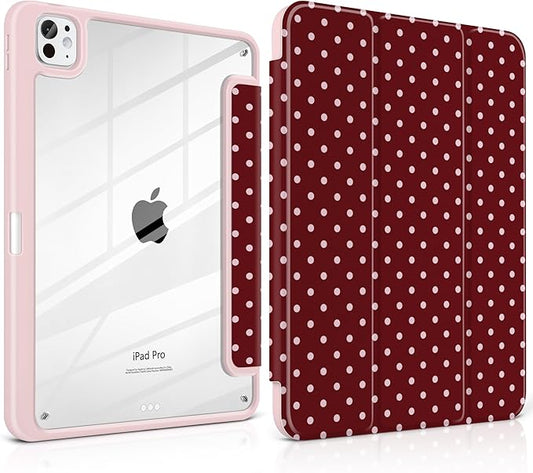 TWOLSKOO Case for iPad Pro 11-inch (M5 2025 / M4 2024) Clear Acrylic Back with TPU Bumper Pencil Holder Trifold Stand Auto Sleep/Wake Red Polka Dot