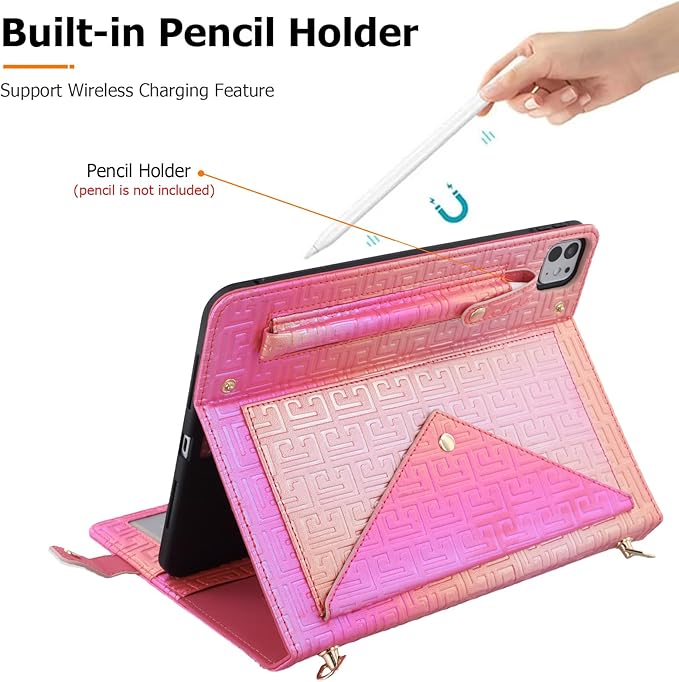 Dteck Luxury Sparkle PU Leather Case for iPad Air 13 2024 &amp iPad Pro 12.9 - Stand With Pencil Holder Shoulder Hand Strap Card Pockets Shockproof Rugged Protective Magnetic Wallet Rose
