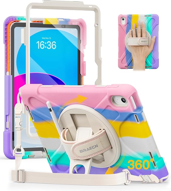 BRAECN for iPad (A16) 11th/10th Generation case 11/10.9 inch 2025/2022 Heavy Duty Shockproof Protective with Pencil Holder Screen Protector 360°Rotating Stand Handle &amp Shoulder Strap Full Body Cov