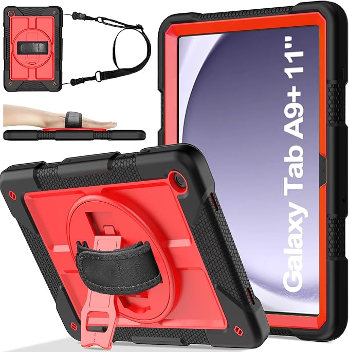 BMOUO for Samsung Galaxy Tab A9+ Plus Case 11 2023 (SM-X210/X216/X218) Shockproof Galaxy Tab A9 Plus Case with Rotating Stand and Hand/Shoulder Strap Red and Black