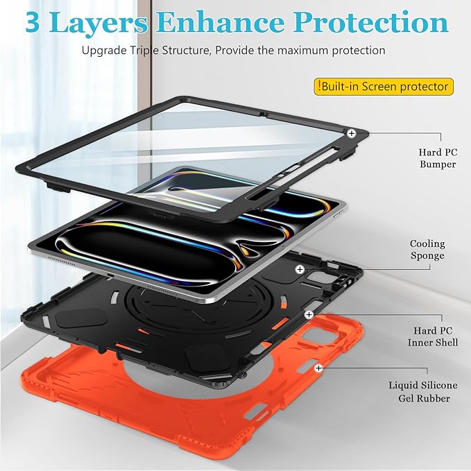 Case for iPad Pro 13 Inch M5 2025/ M4 2024: Military Grade Cover for iPad Pro 13 with Screen Protector - Stand - Handle - Shoulder Strap - Pencil Holder- Orange