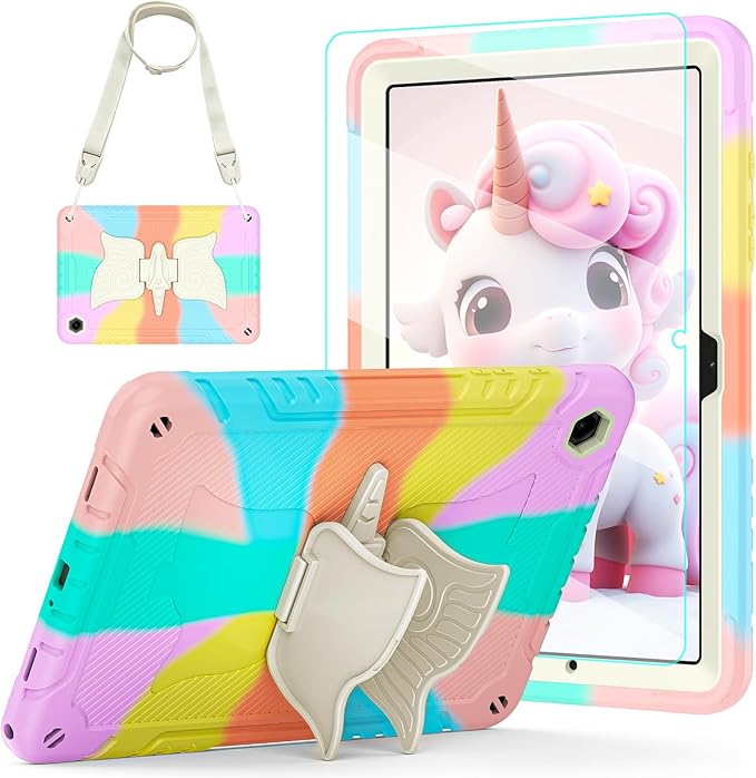 for Samsung Galaxy Tab A11 Plus 2025 / A9 Plus 2023 11 inch Case Kids with Screen Protector Unicorn Stand &amp Shoulder Strap Pencil Holder Cover for Tab A11+/A9+ Tablet (Colourful Pink)