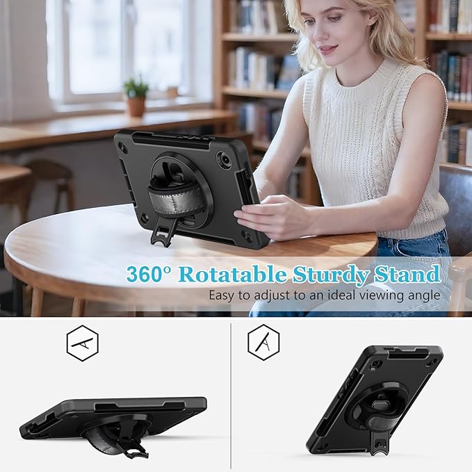 Case for Galaxy Tab A11 8.7 Inch: TPU Samsung Tablet A11 Cover 2025 with 360° Rotating Stand- Screen Protector -Hand Strap - Shoulder Strap - Pencil Holder - Black