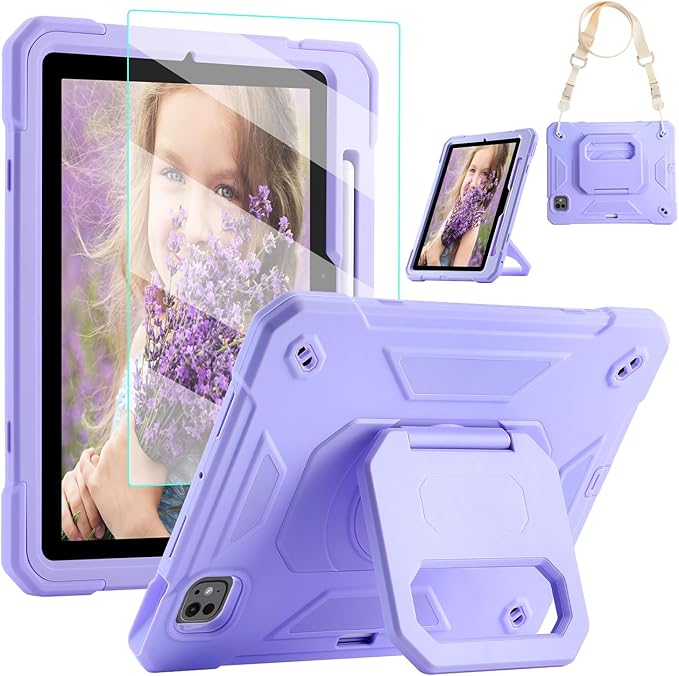 KCJ for iPad Pro 11 Case (M4) 2024with Tempered Glass Screen ProtectorCute Protective Case with Folding Stand/Pencil Holder/Shoulder Strap for iPad Pro 11 2024 (5th Generation) (Light Purple)