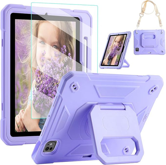 KCJ for iPad Pro 11 Case (M4) 2024with Tempered Glass Screen ProtectorCute Protective Case with Folding Stand/Pencil Holder/Shoulder Strap for iPad Pro 11 2024 (5th Generation) (Light Purple)