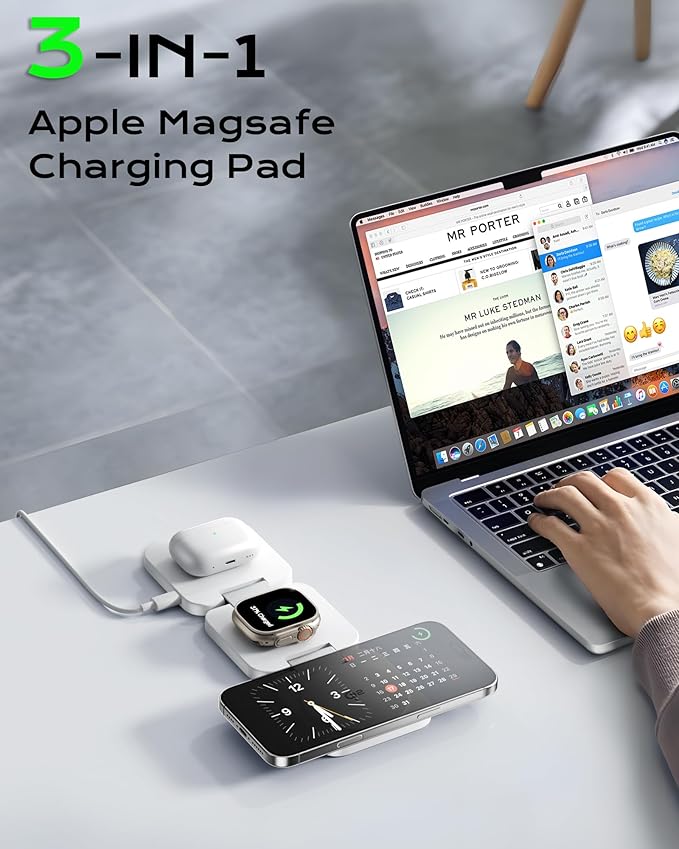 Qi2 Certified 3 in 1 Travel Charger MagSafe Compatible Upgraded Foldable Wireless Charger Stand Mag-Safe 3 in 1 Charging Station15W Fast Charging for iPhone 17/16/15/14/13/12 Apple Watch AirPods
