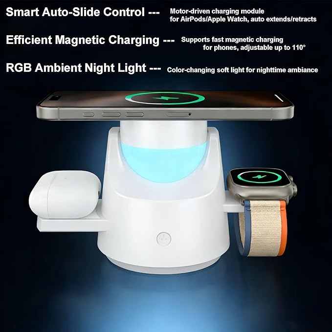 3-in-1 Wireless Charger for iPhone Apple Watch &amp AirPods Smart Wireless Charging Station with RGB Night LightMotorized Expandable Dock with 110° Rotation 15W MagSafe CE/FCC Certified (White)