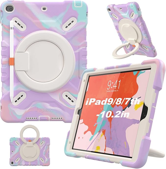 PEPKOO Triple Shockproof Case for iPad 9th/8th/7th Generation 10.2 inch 2021/2020/2019 Air 3rd Generation 10.5” Rugged Kid Cover with Pencil Holder/Handle Kickstand/Shoulder Strap Colorful Purple