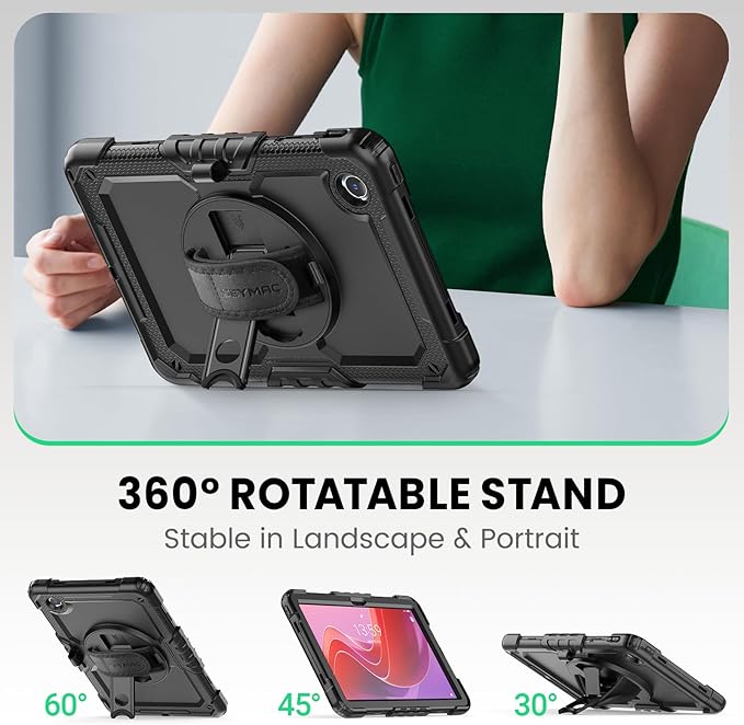 SEYMAC Case for Lenovo Tab M11/K11 11 Inch Heavy Duty Shockproof Protective Case with Screen Protector 360° Rotating Stand Hand/Shoulder Strap and Pen Holder Black