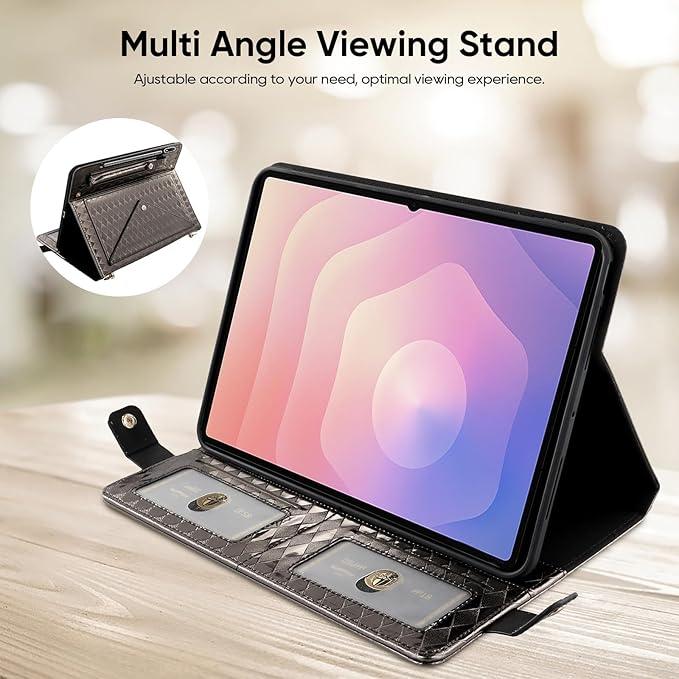 Tablet Carrying Shoulder Bag Case for Samsung Galaxy Tab S10 FE+ Plus 13.1 2025 SM-X620 X626 Iridescent Diamond Texture Envelope PU Leather Hand Strap Cards Holder Pocket S Pen Holder CaseBlack