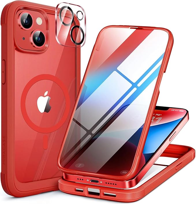 Miracase Glass Series Designed for iPhone 14 Plus Case 6.7 inch 2023 Upgrade Full-Body Magnetic Clear Case with Built-in 9H Tempered Glass Screen ProtectorCompatible with MagSafe Red