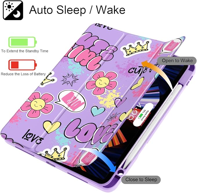 May Chen for iPad Pro 11 inch M2 4th Generation 2022 iPad Pro 11 3rd/2nd/1st Gen Built-in Pencil Holder with Shockproof Cover Clear Transparent Back Shell Auto Wake/Sleep Cute Girl Pattern