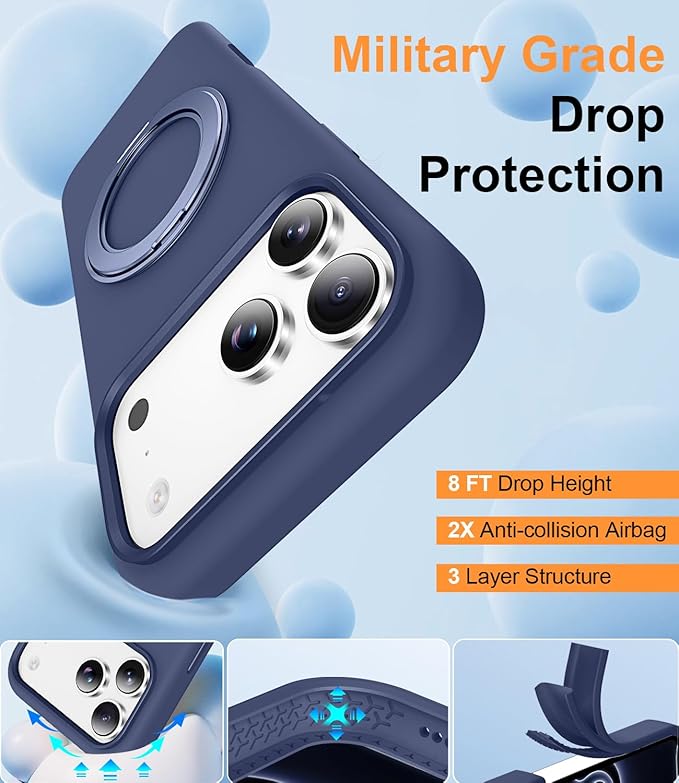 STERKER 360° Rotatable Stand Compatible with iPhone 17 Pro Max Case with Magnetic [Military Grade Drop Tested][Adjustable Kickstand] Ring Holder Silicone Slim Back Soft Edge Blue