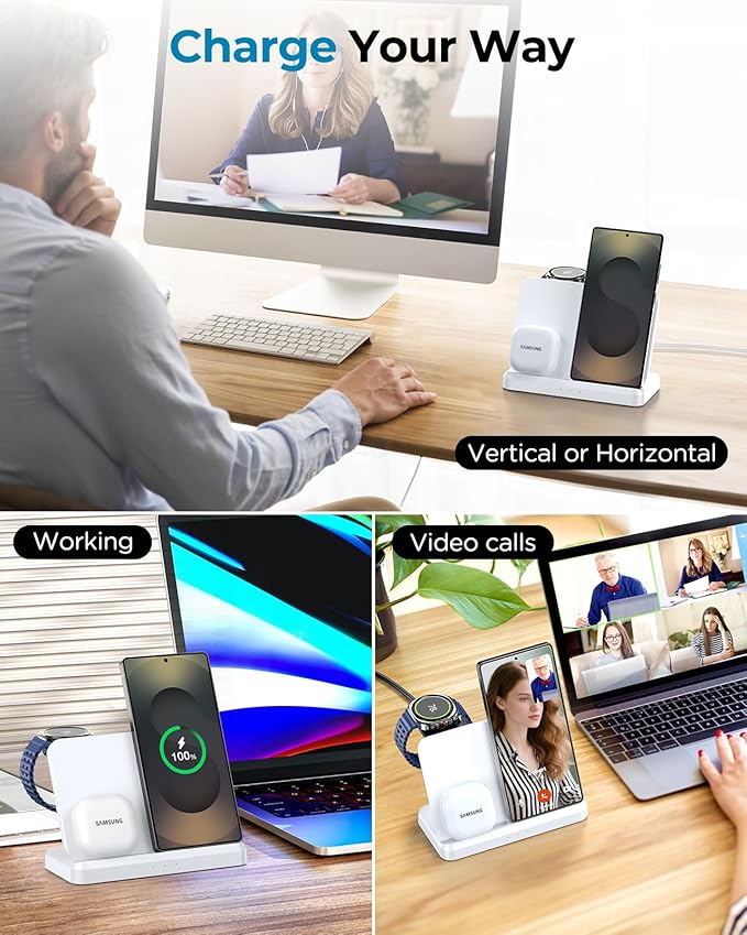EGV Wireless Charger for Samsung – 3 in 1 Wireless Charging Station for Galaxy S26 Ultra S25 S24 Z Fold Flip 7/6 Detachable Watch Charger for Galaxy Ultra 8/7/6 Foldable Fast Charging White