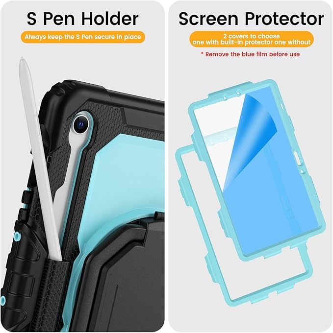 HXCASEAC Case for Galaxy Tab S10 lite / S10 FE / S9 FE 10.9 Inch Shockproof | 360° Rotating Stand | S Pen Holder | Screen Protector | Shoulder Strap | Samaung S10 Lite Tablet Case Kids Light Blue