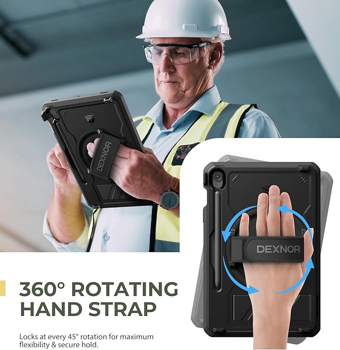 Dexnor Case for Samsung Galaxy Tab S10 Lite/S10 FE / S9 FE 10.9 Inch / S9 11 Inch 2023 with Screen Protector Pen Holder [360 Rotating Hand Strap &amp Kickstand] Full Body Cover for Tablet S9 FE Bla