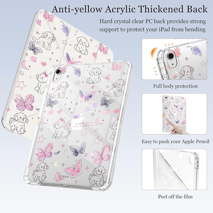 Cute Kawaii Puppy Butterfly for iPad Pro 11 Inch Case (M5/M4) 2025/2024 with Pencil Holder Auto Sleep/Wake White Leather Acrylic Back Detachable Cover