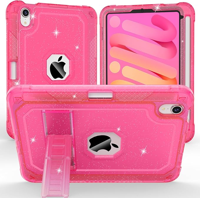Case for iPad mini A17 Pro for iPad mini 7th/6th Generation Case 8.3 inch 2024/2021 with Pencil Holder/Stand Slim Cover for i Pad Mini 7/6 (Translucent Glitter Hot Pink)