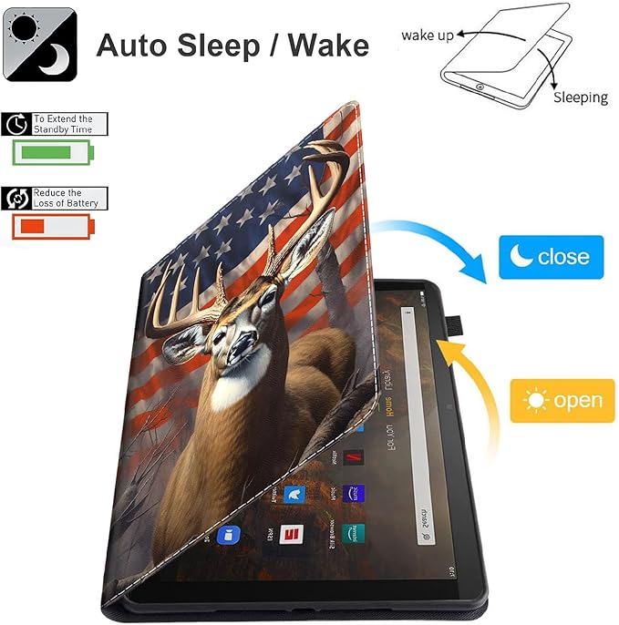Case for All-New Amazon Kindle Fire HD 10 Tablet (13th/11th Generation 2023/2021 Release) and Fire HD 10 PlusSlim Fit Foldable Standing Cover Case with Auto Sleep/WakeAmerican Flag Deer