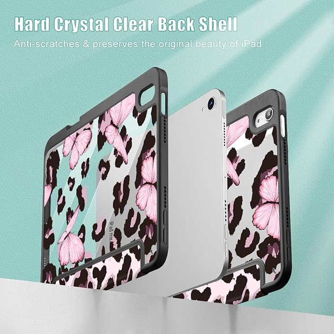 Mektron Printed Case for iPad mini 7 (A17 Pro) 2024/ Mini 6 2021 iPad mini 7th/6th Generation 8.3-inch Liquid Retina Display Cover Buit in Pencil Holder with Clear Back Shell Leopard Pink Butterfly