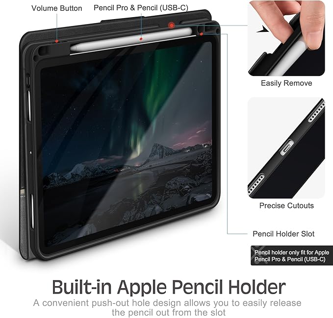 KingBlanc Case for iPad Pro 11 inch (M5 2025/M4 2024) with Pencil Holder Vegan Leather Smart Stand Cover Auto Sleep Wake Support Pencil Pro/(USB-C) Viewing/Typing Angle Durable Protection Black