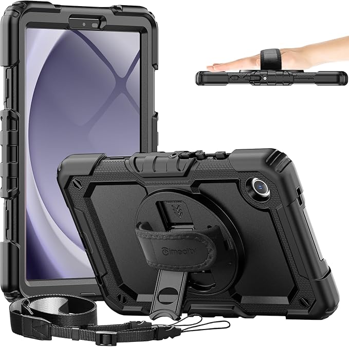 Timecity for Samsung Galaxy Tab A9 Case 8.7 inch (SM-X110/X115/X117) with Built-in Screen Protector 360° Rotating Stand Hand Strap&ampShoulder Strap Case for Galaxy Tab A9 4G LTE Tablet- Black