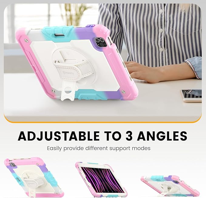 Timecity Case for iPad Pro 11 inch 4th/ 3rd/ 2nd/ 1st Generation Full-Body Protective Case with Screen Protector Rotating Stand/Handle Pencil Holder for iPad 11 Inch 2022/2021/2020/2018-Pink Camo