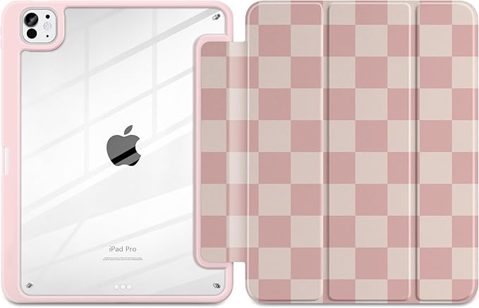 Case for iPad Pro 13 inch (M5) 2025 (M4) 2024 Release with Pencil Holder - Aesthetic Cute Preppy Design Trifold Cover with Soft TPU Bumper Clear Back Auto Sleep/Wake for Girls Women Lattice