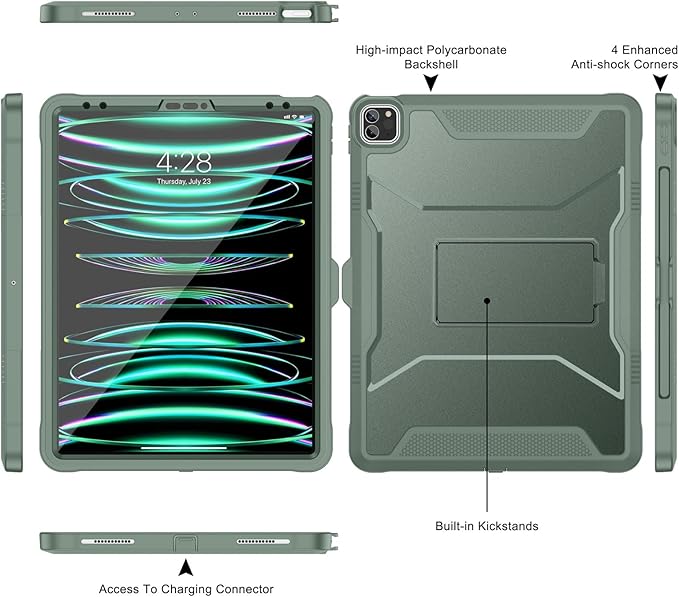 Soke Case for iPad Pro 12.9 Inch 6th/5th/4th Generation(2022/2021/2020 Release) Rugged Shockproof Protective Cover with Built-in Kickstand for Apple iPad Pro 12.9 - Calke Green