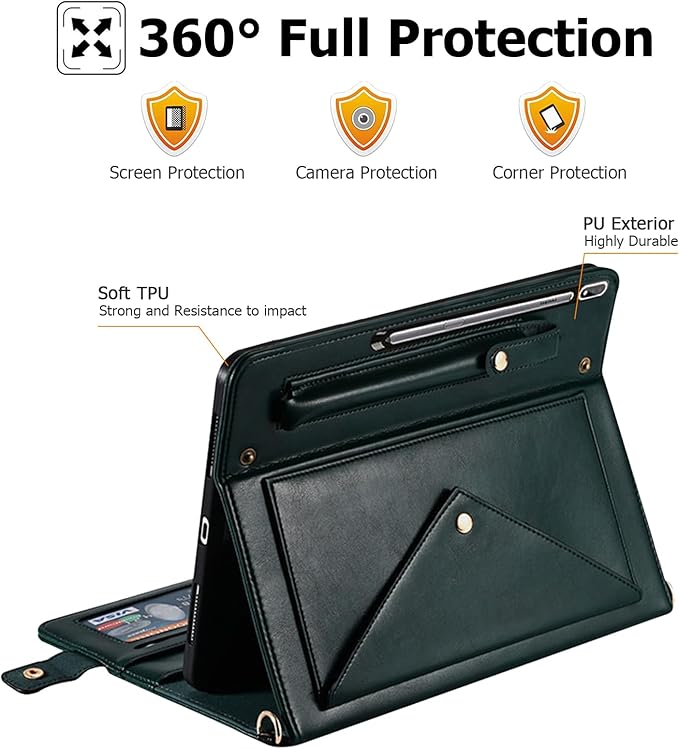 Dteck Case for Galaxy Tab S10 Plus/S9 Plus/S8 Plus+/S7 FE/S7 Plus 12.4 inchPU Leather Fold Business Stand Protective Cover with Pen Holder Card Slots Shoulder Hand Strap Handbag Wallet CaseDarkgreen