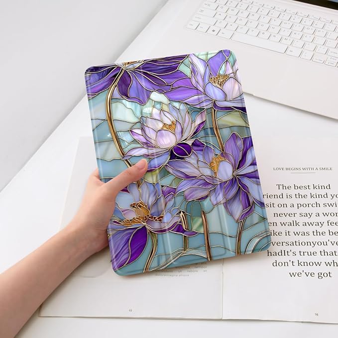 Cute Lotus Flower Case for iPad Air 13 Inch M3 2025/M2 2024 Floral Aesthetic Design Foldable Leather Protective Case Soft Back Cover with Pencil Holder