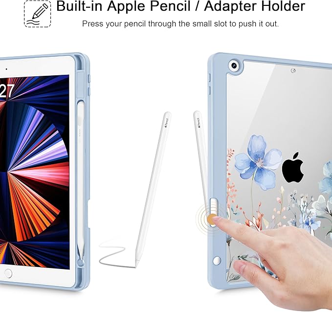 May Chen for iPad 9th Generation with Pencil Holder iPad 8th/7th Gen Case 10.2-inch [Penceil Holder] Trifold Stand Auto Wake/Sleep Clear TPU Protection Back Cover Wild Flowers