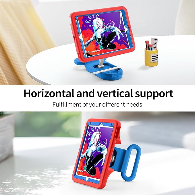 Kids Case for iPad 7th/8th/9th GeniPad 10.2 inch 2021/2020/2019 Case with Adjustable Portrait Landscape Stand HandleHeavy Duty Protective Kids Child Friendly Cover for iPad 10.2 inch. (Red-Blue)