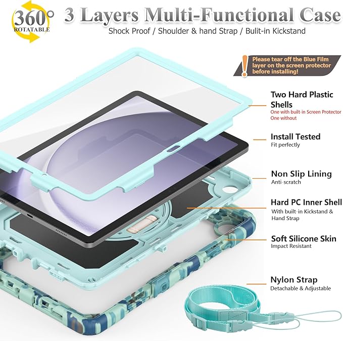 SEYMAC stock Case for Samsung Galaxy Tab A9+ Plus 11'' Full-Body Drop Protection Case with Screen Protector Pencil Holder [360° Rotating Hand Strap] &ampStand SkyBlue Camo