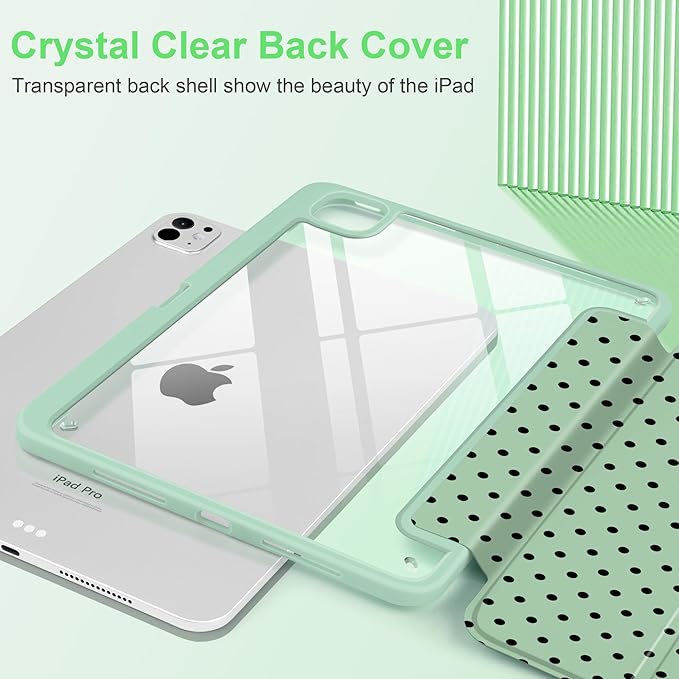 Case for iPad Pro 11 Inch (M5 2025 M4 2024) – [Built-in Pencil Holder] Shockproof &amp Stylish Clear Hard Back + Soft TPU Edge Magnetic Trifold Stand Auto Wake/Sleep Green Polka dot