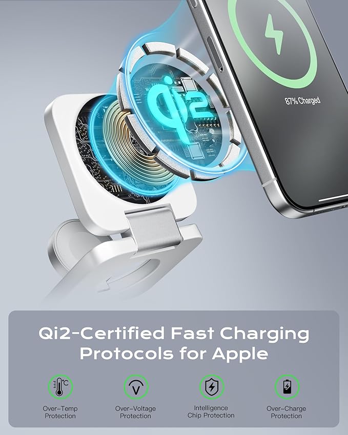 Qi2 Certified 3 in 1 Travel Charger MagSafe Compatible Upgraded Foldable Wireless Charger Stand Mag-Safe 3 in 1 Charging Station15W Fast Charging for iPhone 17/16/15/14/13/12 Apple Watch AirPods