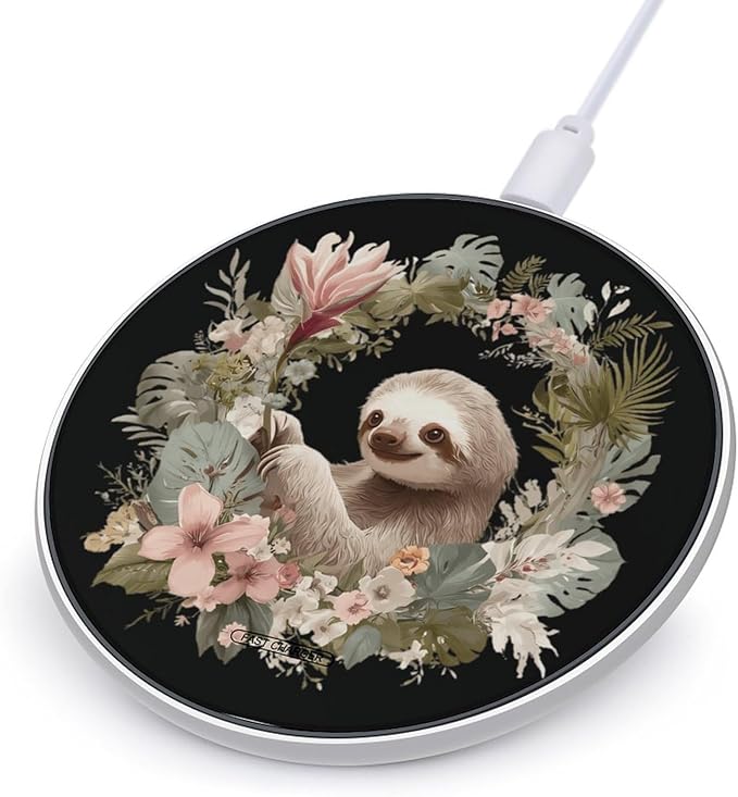 Sloth Botanical Wreath Fast Portable Charger 10W Funny Graphic Phone Charging Pad with USB Cable