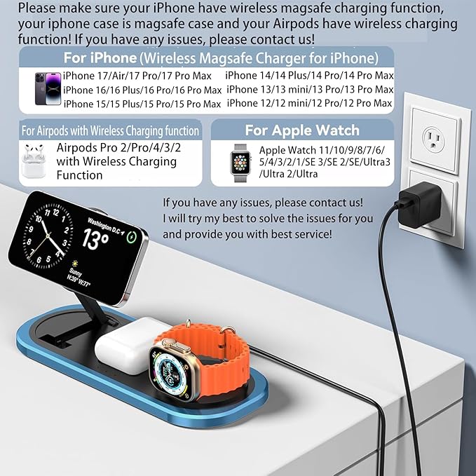 3 in 1 Fast Wireless Charger Stand for iPhone Foldable Travel Charging Station for Magsafe for iPhone 17/Air/16/15/14/13/12 Series Apple Watch Series AirPods pro/2/3/4 2025 Christ mas Gifts (Blue)