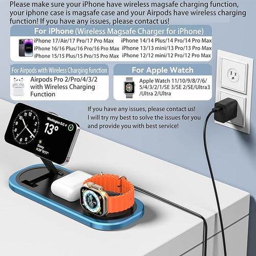 3 in 1 Fast Wireless Charger Stand for iPhone Foldable Travel Charging Station for Magsafe for iPhone 17/Air/16/15/14/13/12 Series Apple Watch Series AirPods pro/2/3/4 2025 Christ mas Gifts (Blue)