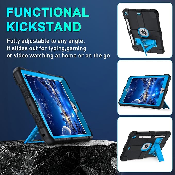 Case for iPad 9th/8th/7th Generation 2021/2020/2019(10.2 inch) Heavy Duty Shockproof Rugged Protective 10.2 Cover with Built-in Stand for iPad 9 8 7 Gen(Black+Blue)
