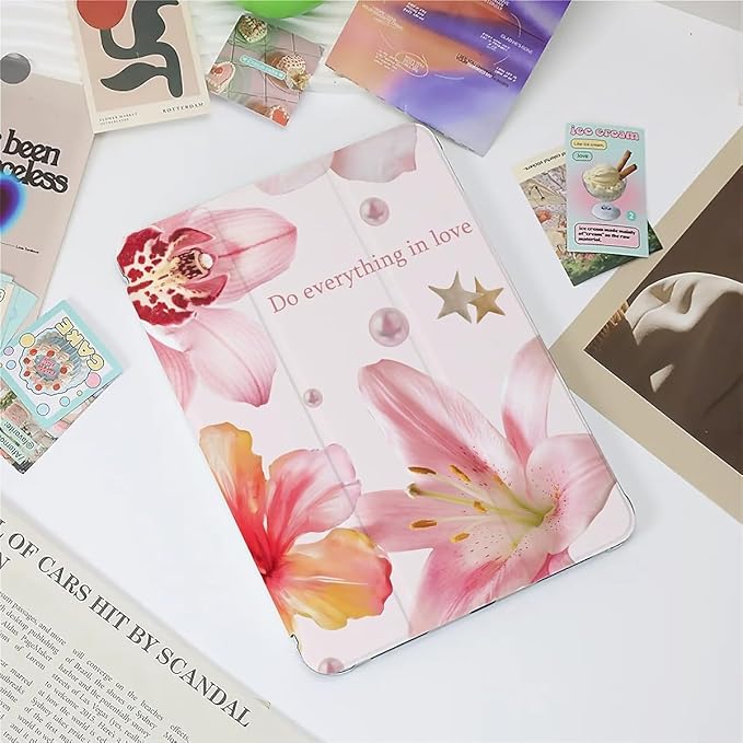 Pink Lilies and Hibiscus Flowers Case Compatible with IPad 9th 8th 7th Generation 10.9 Inch 2021/2019/2018Funny Cover with Trifold Stand + Pencil Holder for Boys GirlsiPad Air6 13inch 2024