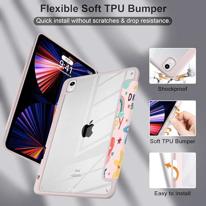 Batianda Hybrid Case for iPad Air 2022 (5th Generation M1 Chip) / iPad Air 4th 2020 10.9 inch [Built-in Pencil Holder] Shockproof Cover with Clear Back Shell TPU BumperHappy Day