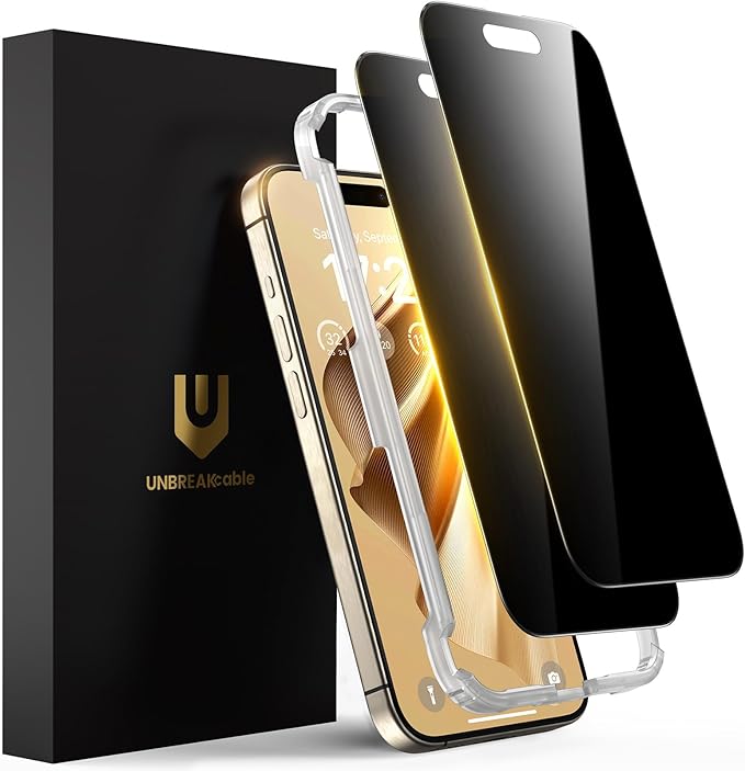 UNBREAKcable Privacy Screen Protector for iPhone 15 Pro Max Full Coverage Shatterproof Tempered Glass[True 28°Anti Spy][9H Hardness][Easy Installation Frame]2-Pack Private Screen for iPhone 15 ProMax